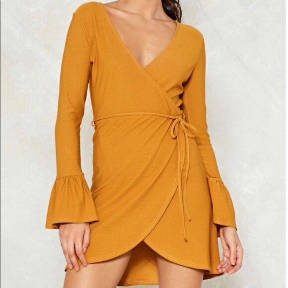 Nasty Gal Make An Effort Wrap Dress Size 2 Mustard Color - Picture 1 of 12